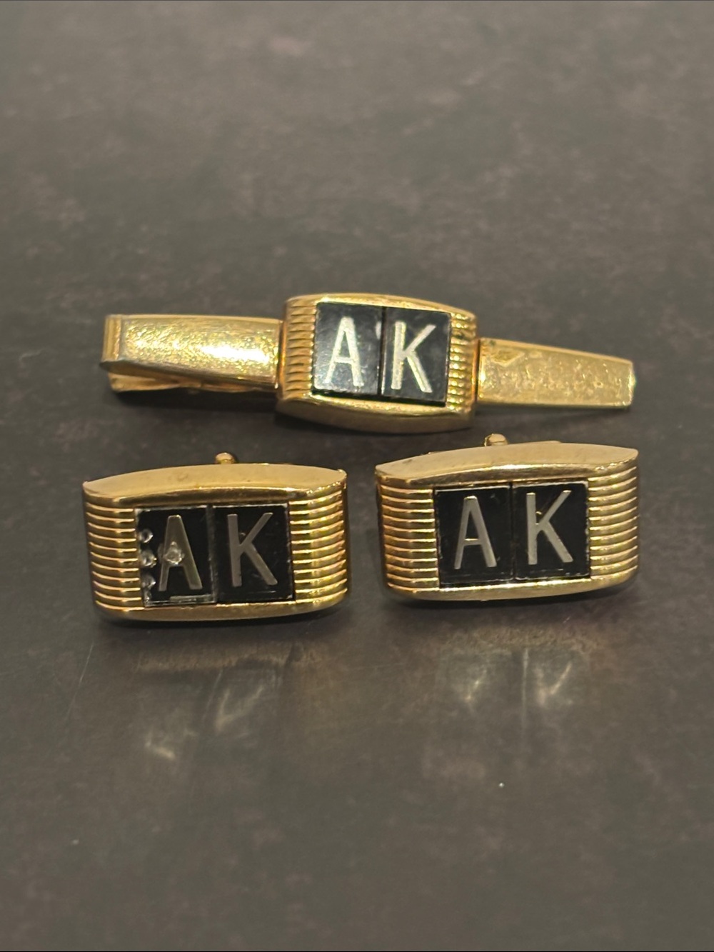 Vintage Anson Monogram Cufflinks Tie Clip Set Mid Century Black Gold Initial AK